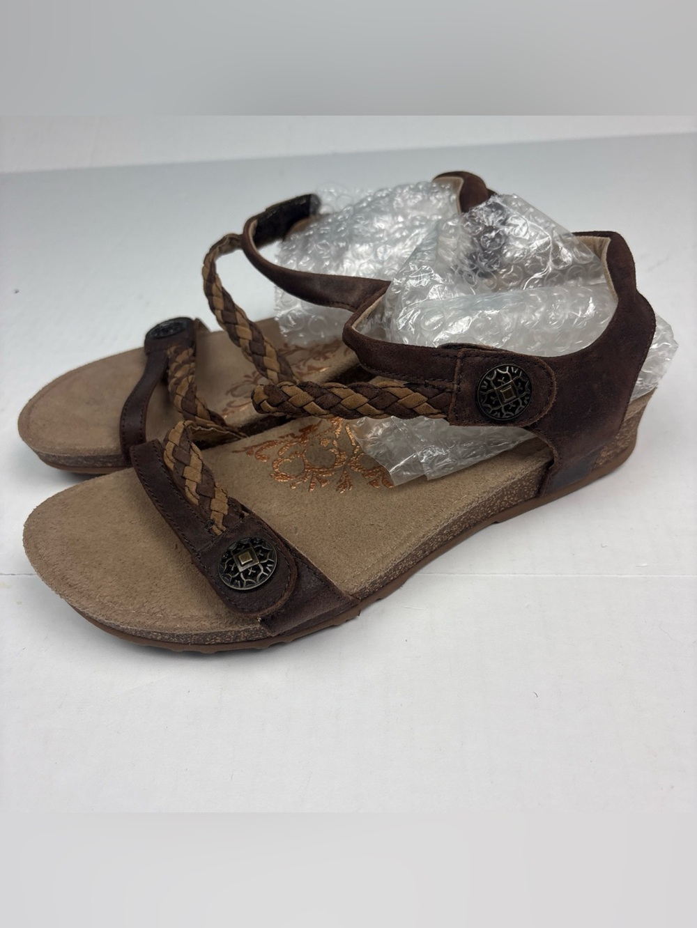 Aetrex Jillian Women Size 9.5 Sandal Brown Leather Braided Quarter Strap Open
